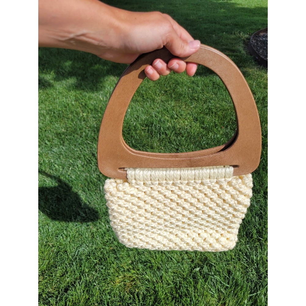 70's Vintage Boho Hippie Festival Macrame Wooden Double Handle Handbag Handmade